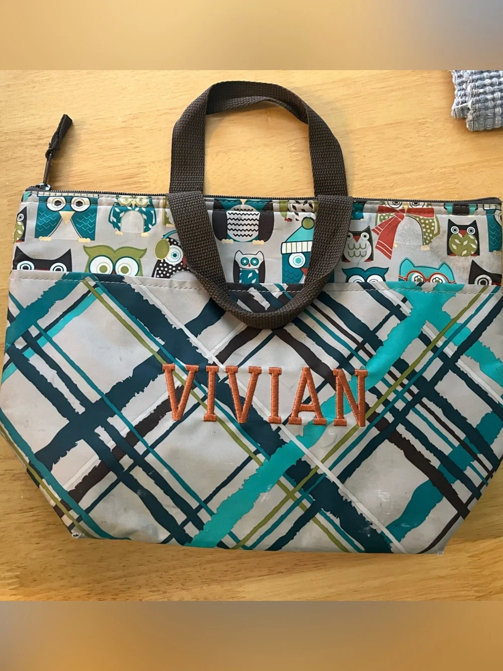 Thirty One Personalized Vivian Teal Plaid Tote Bag